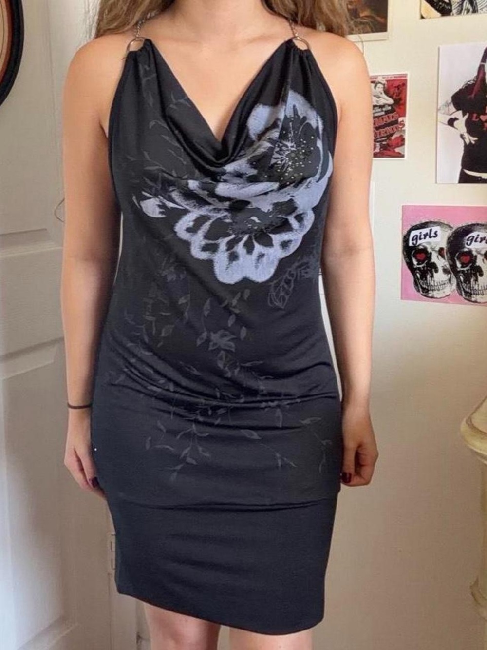 Chesley Black Cowl Neck Floral Mini Dress